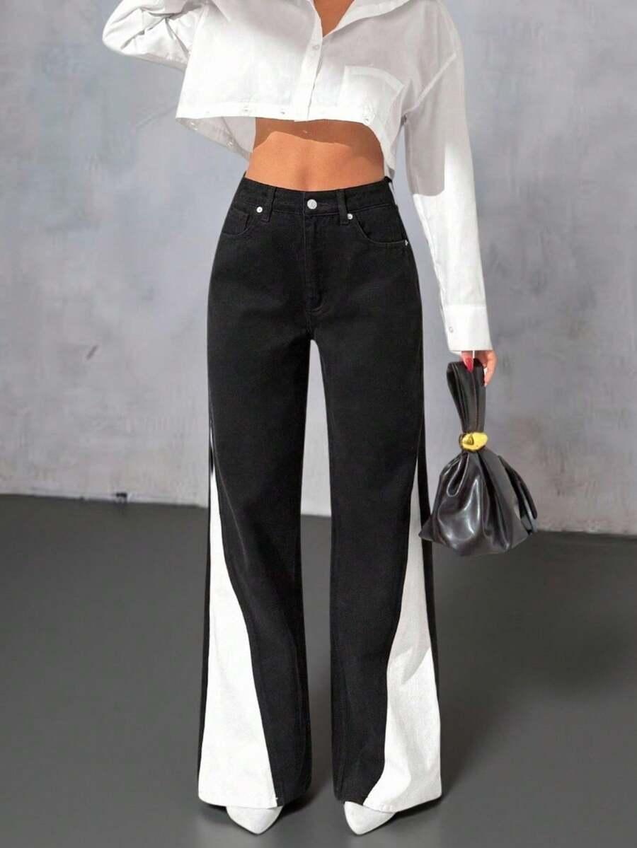 CZARNE SPODNIE JEANS KONTRAST