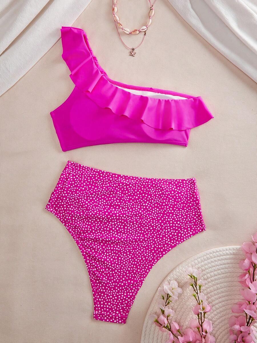różowy komplet bikini asymetria wzór