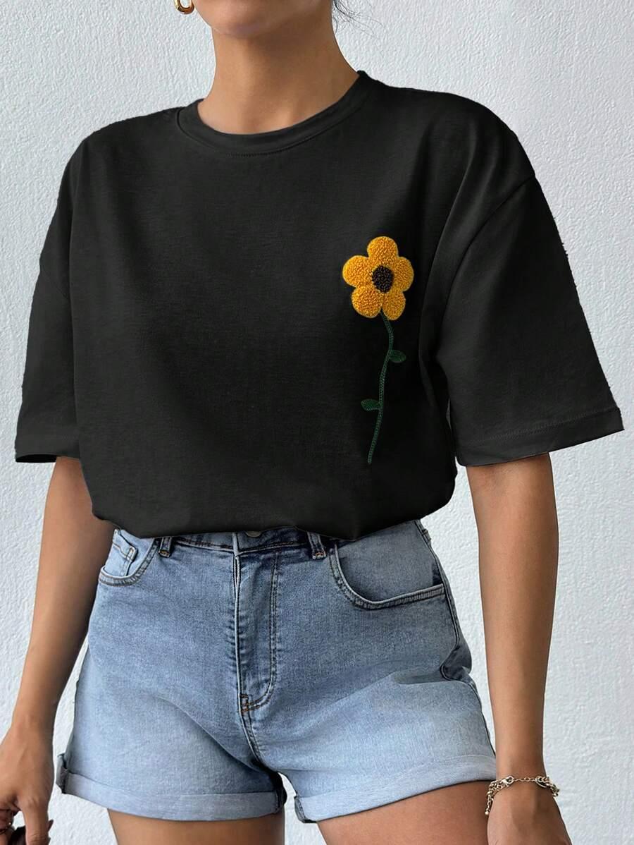 CZARNY T-SHIRT HAFT KWIAT