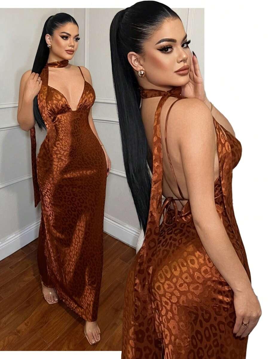 BRĄZOWA MAXI SUKIENKA ANIMAL PRINT