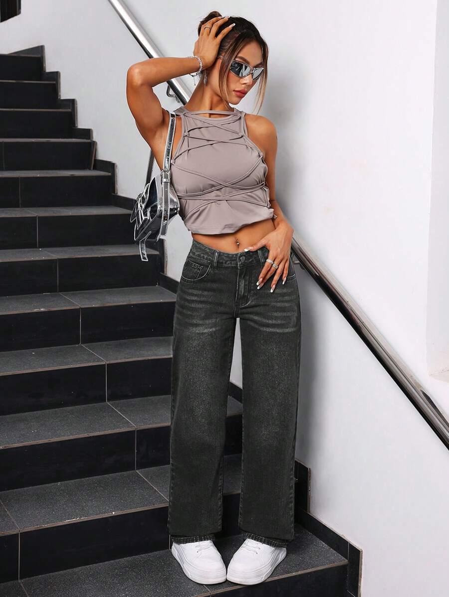 SZARE SPODNIE JEANS KIESZENIE ZAMEK 