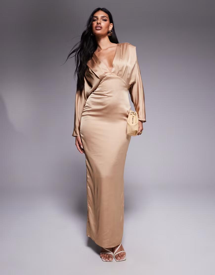 SATYNOWA MAXI SUKIENKA DŁUGI RĘKAW V-NECK