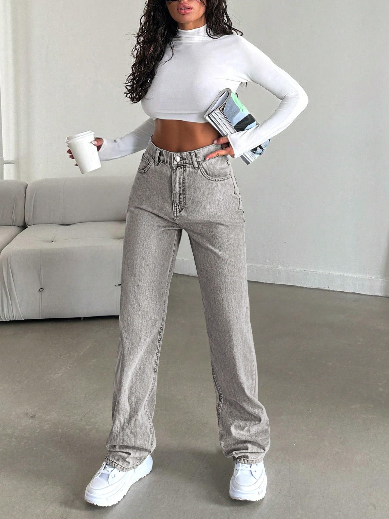SZARE SPODNIE JEANS WYSOKI STAN