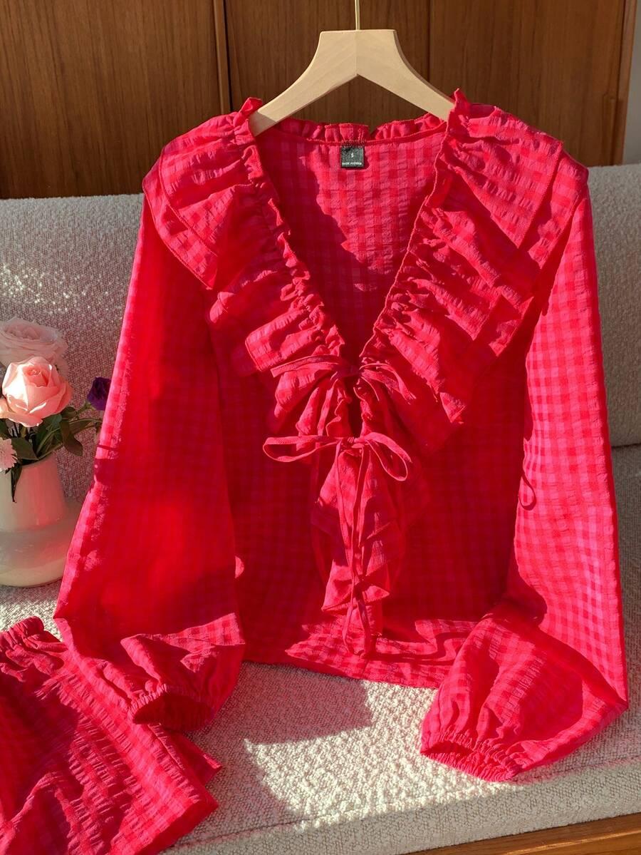 bluzka wzór kratka v-neck