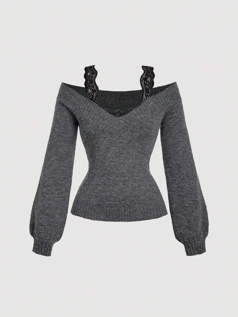 SZARY SWETER V NECK