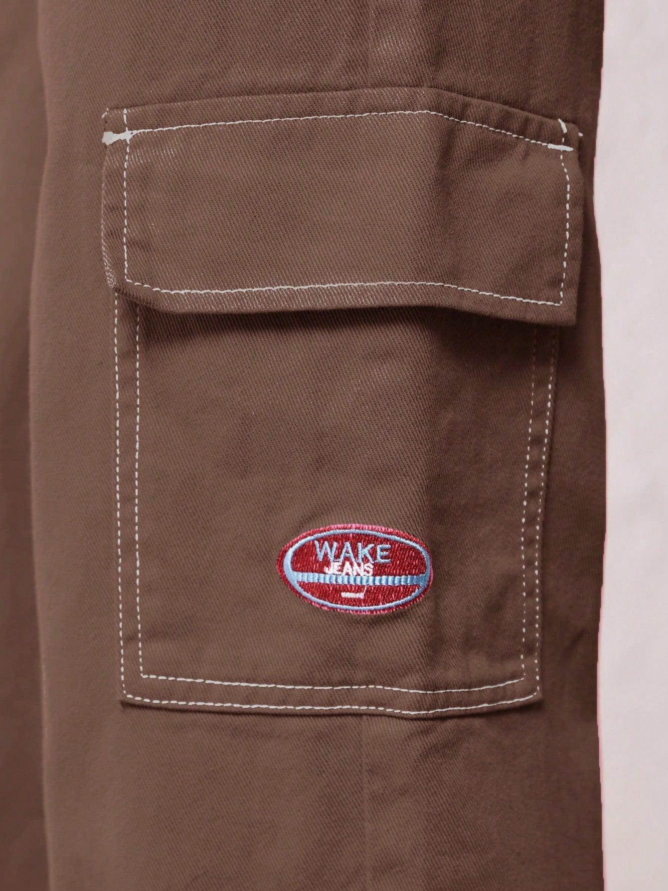 brązowe proste spodnie cargo jeans zamek kieszenie
