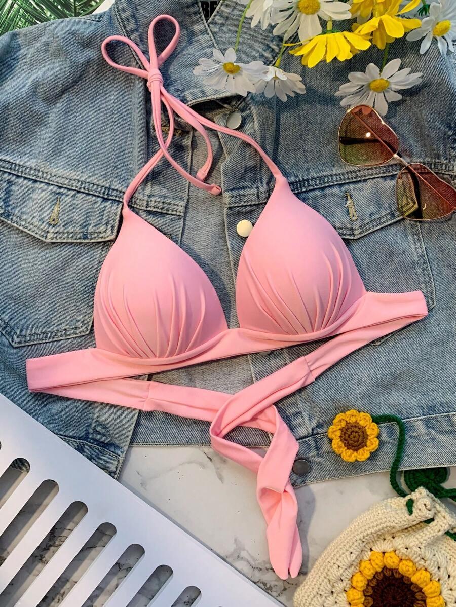 różowa góra od bikini marszczenie
