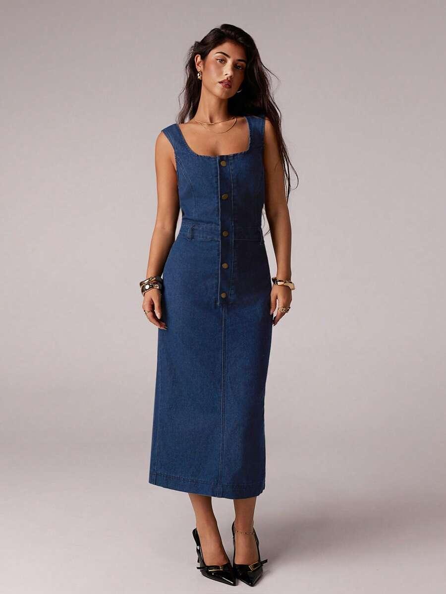 granatowa sukienka jeans guziki
