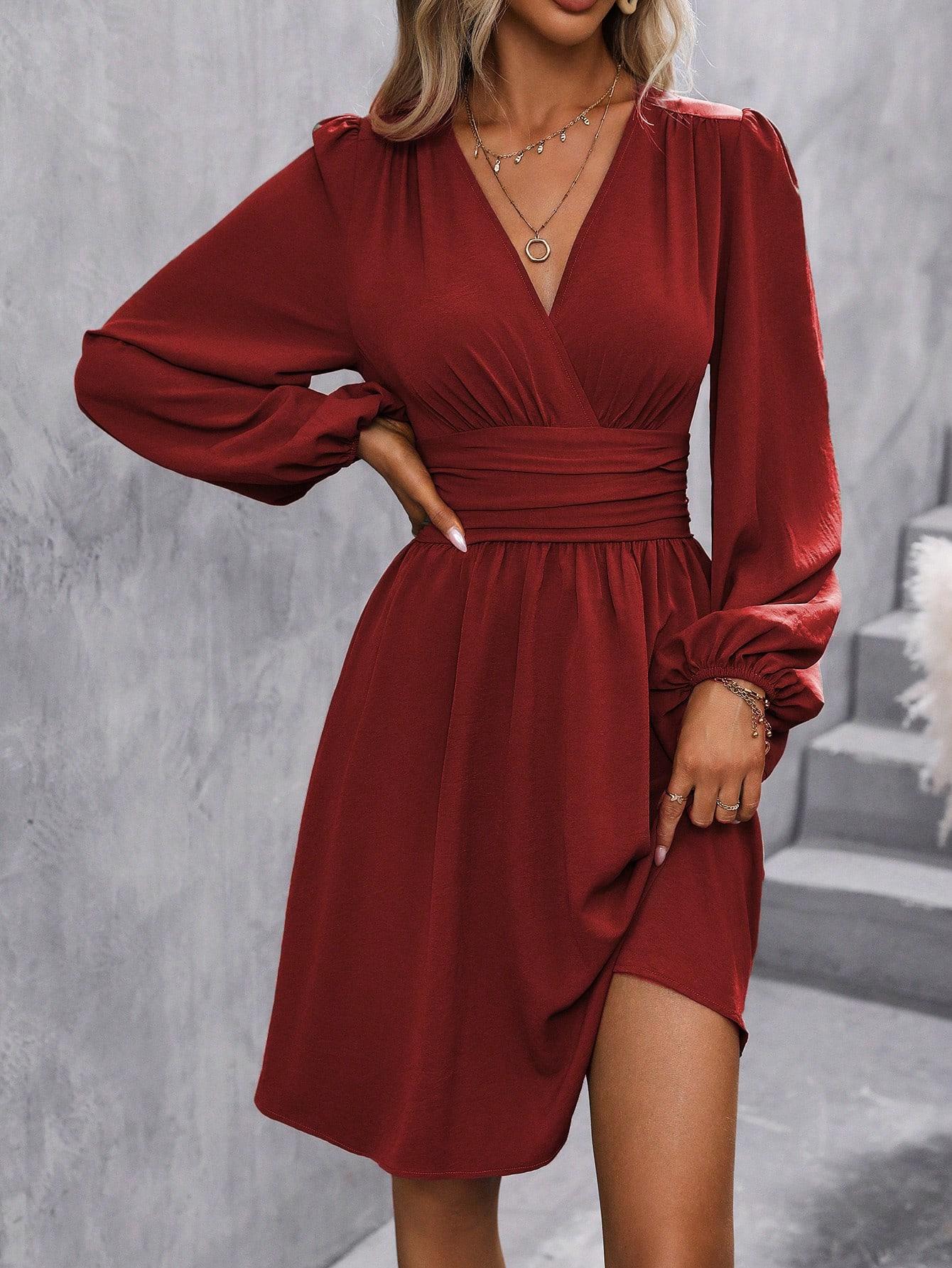 CZERWONA MINI SUKIENKA V-NECK