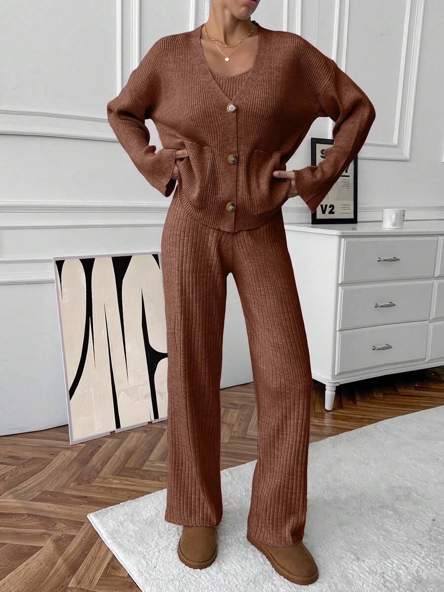 DZIANINOWY KOMPLET SWETER TOP SPODNIE