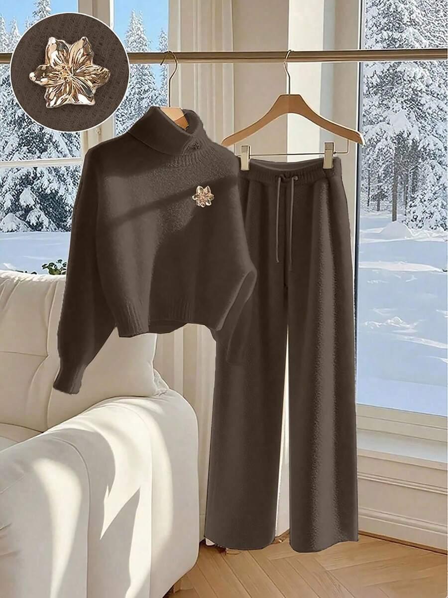 brązowy komplet sweter spodnie dzianina
