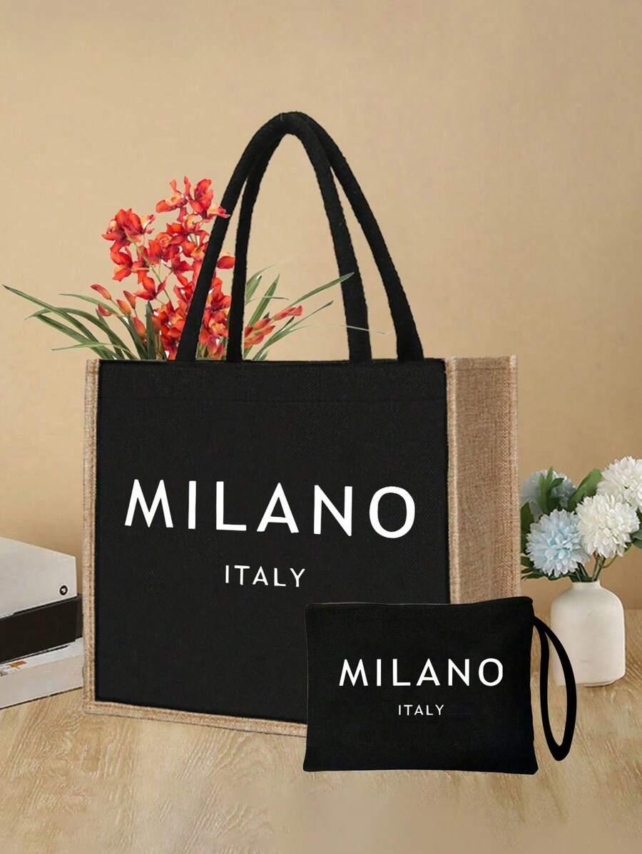 CZARNA TOREBKA SASZETKA NAPISY MILANO