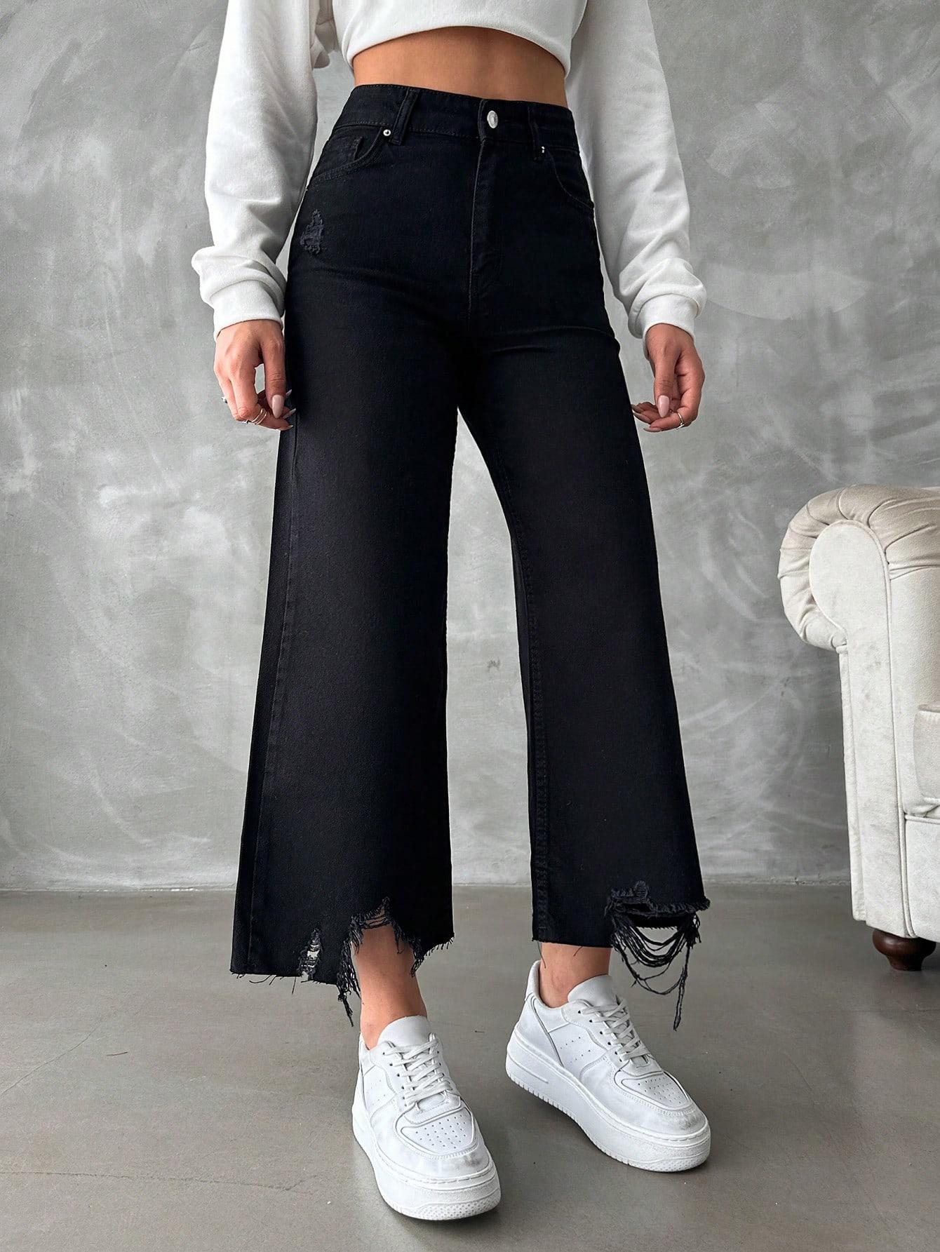 czarne szerokie spodnie jeans 7/8 przetarcia wysoki stan