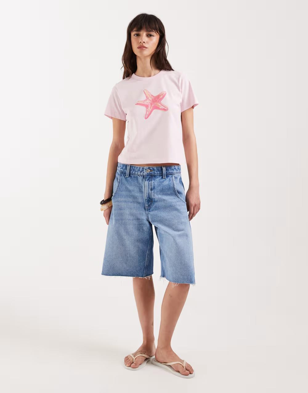 różowy t-shirt z krótkim rękawem nadruk rozgwiazda