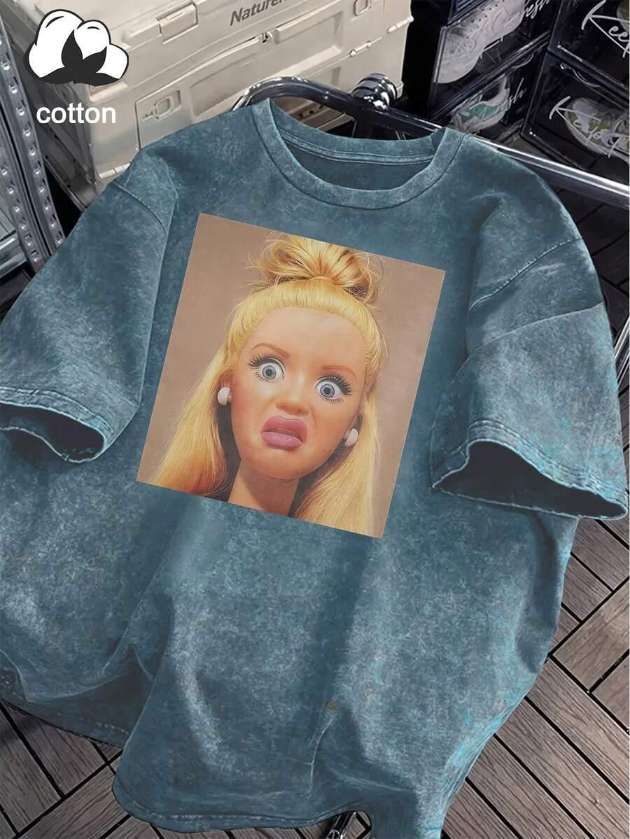 niebieski t-shirt nadruk