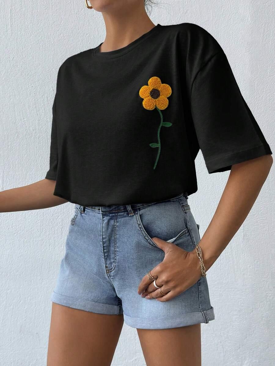 CZARNY T-SHIRT HAFT KWIAT