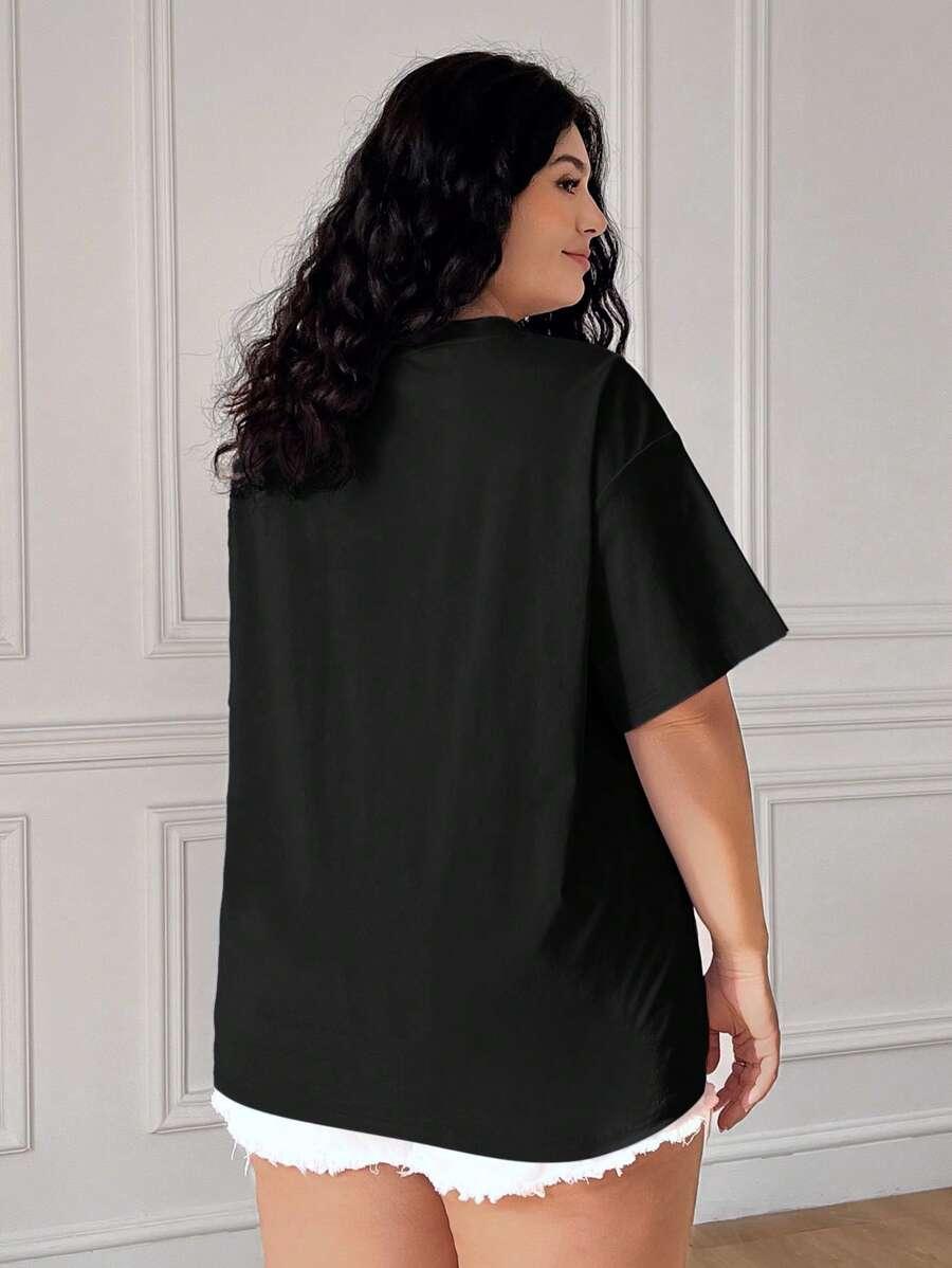 CZARNY T-SHIRT OKRĄGŁY DEKOLT KWIATY HAFT