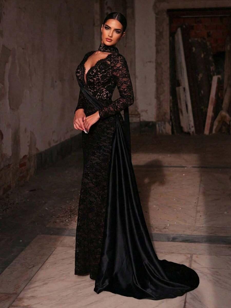 czarna maxi sukienka zdobienia