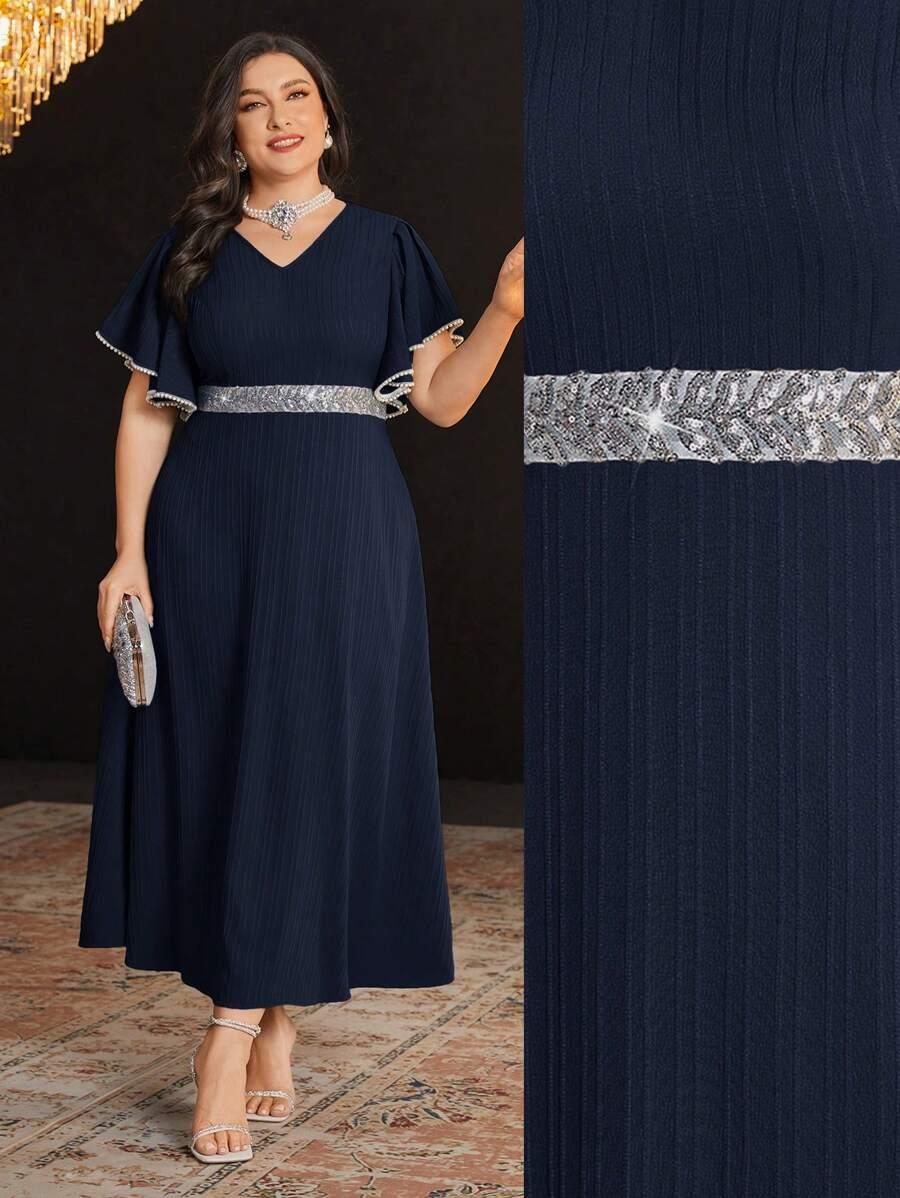 GRANATOWA SUKIENKA V NECK ZDOBIENIE 