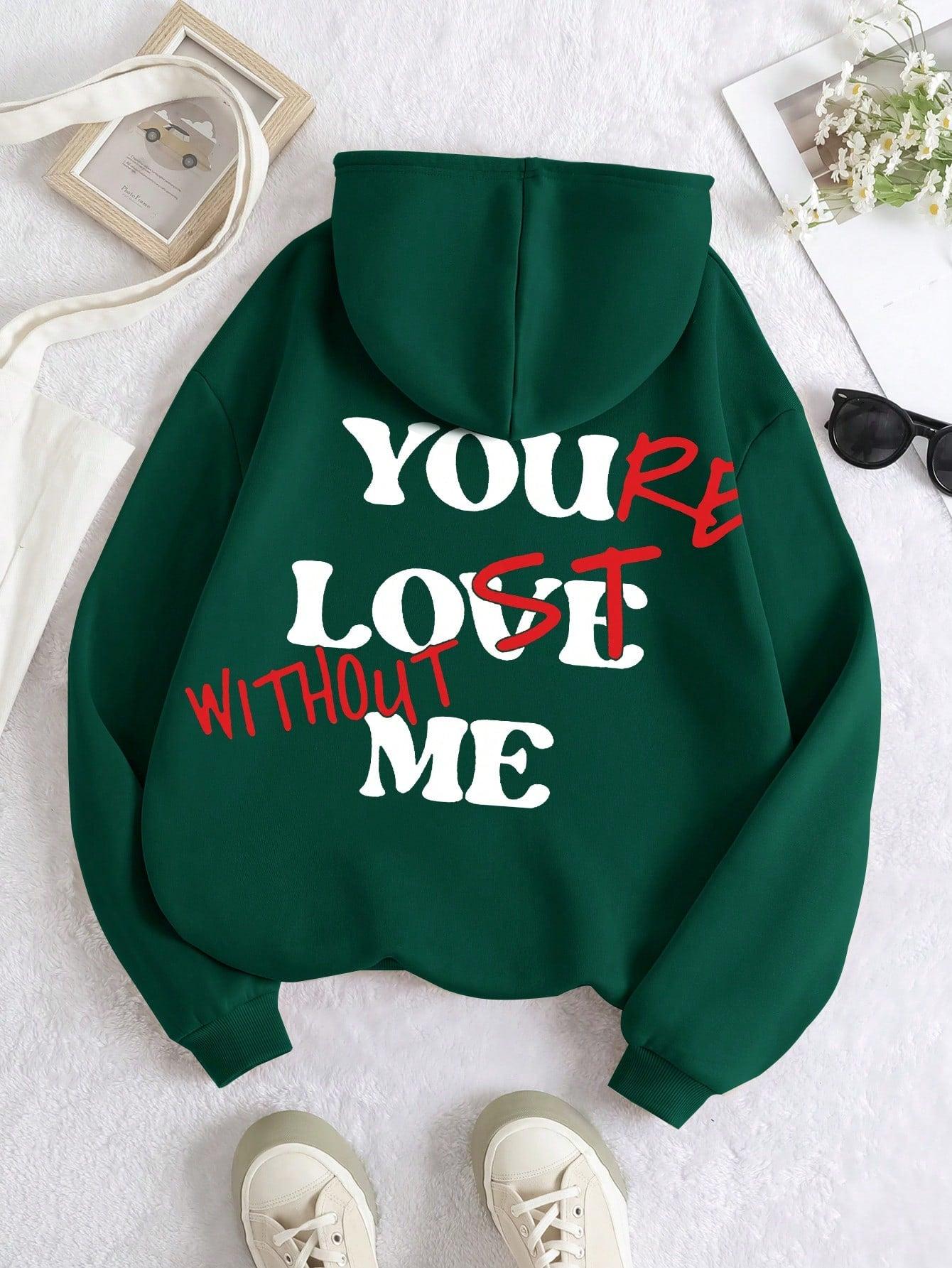 zielona bluza z kapturem napis you love me