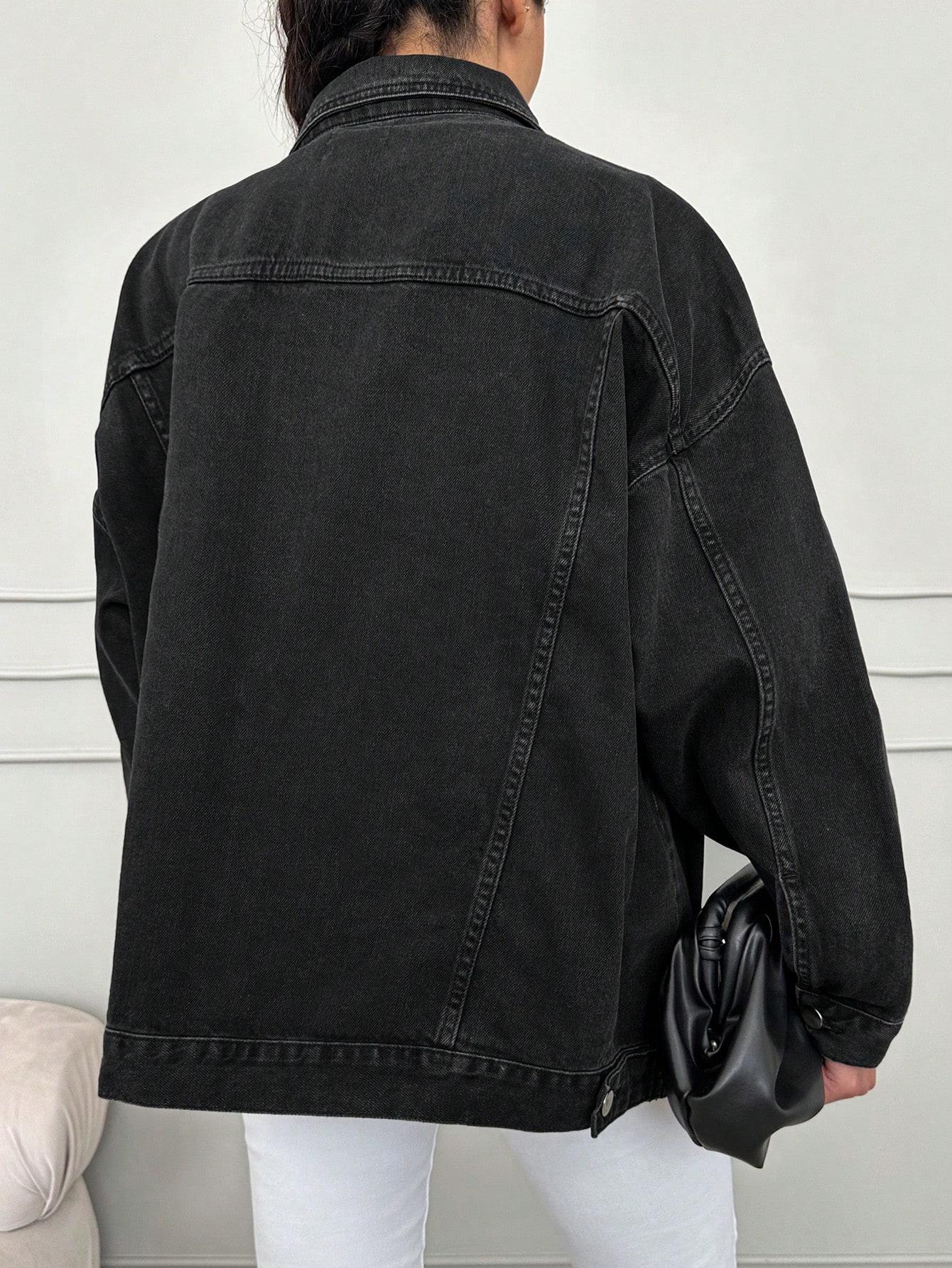 czarna kurtka jeans oversize kołnierzyk guziki