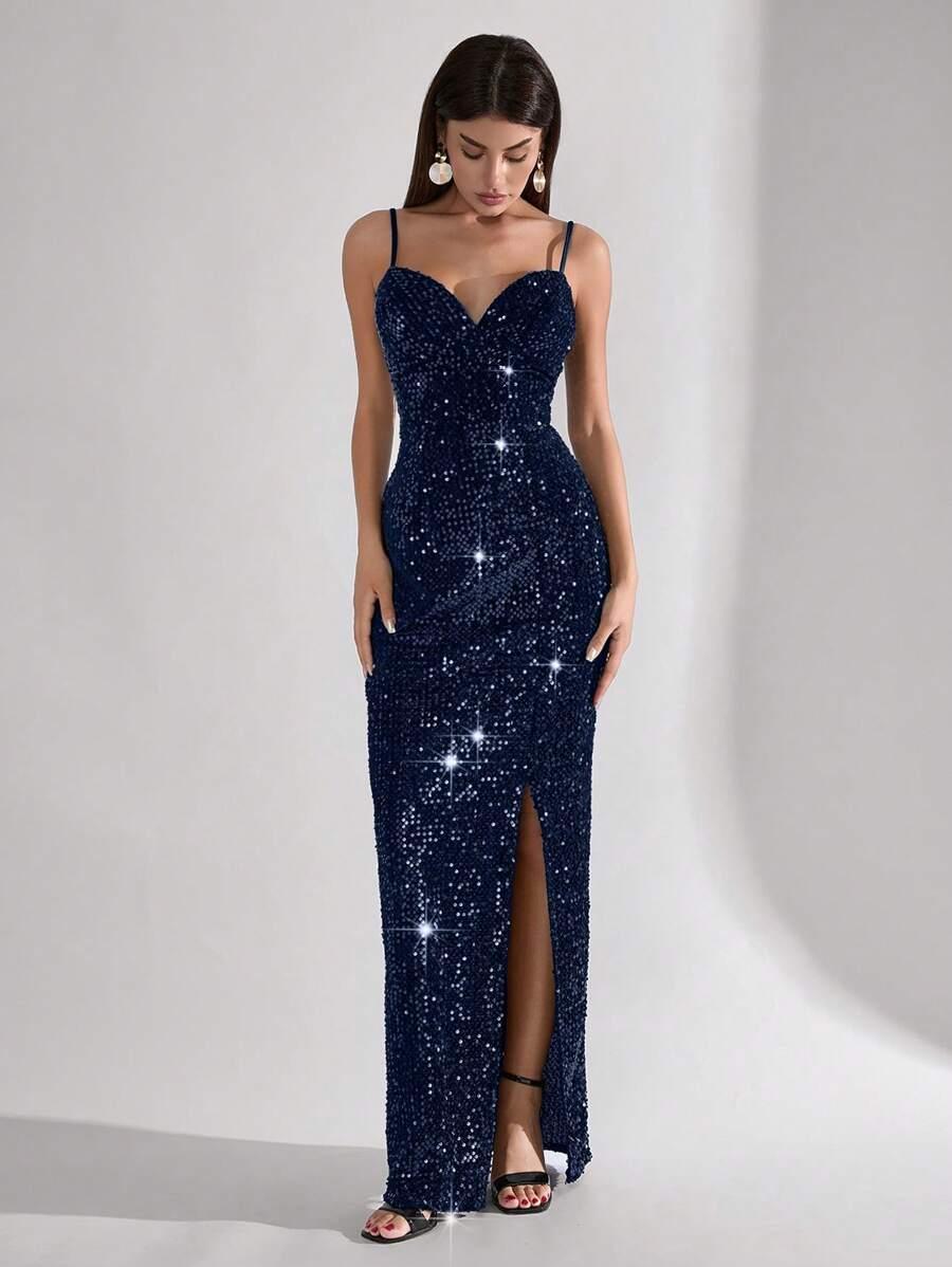 GRANATOWA MAXI SUKIENKA CEKINY