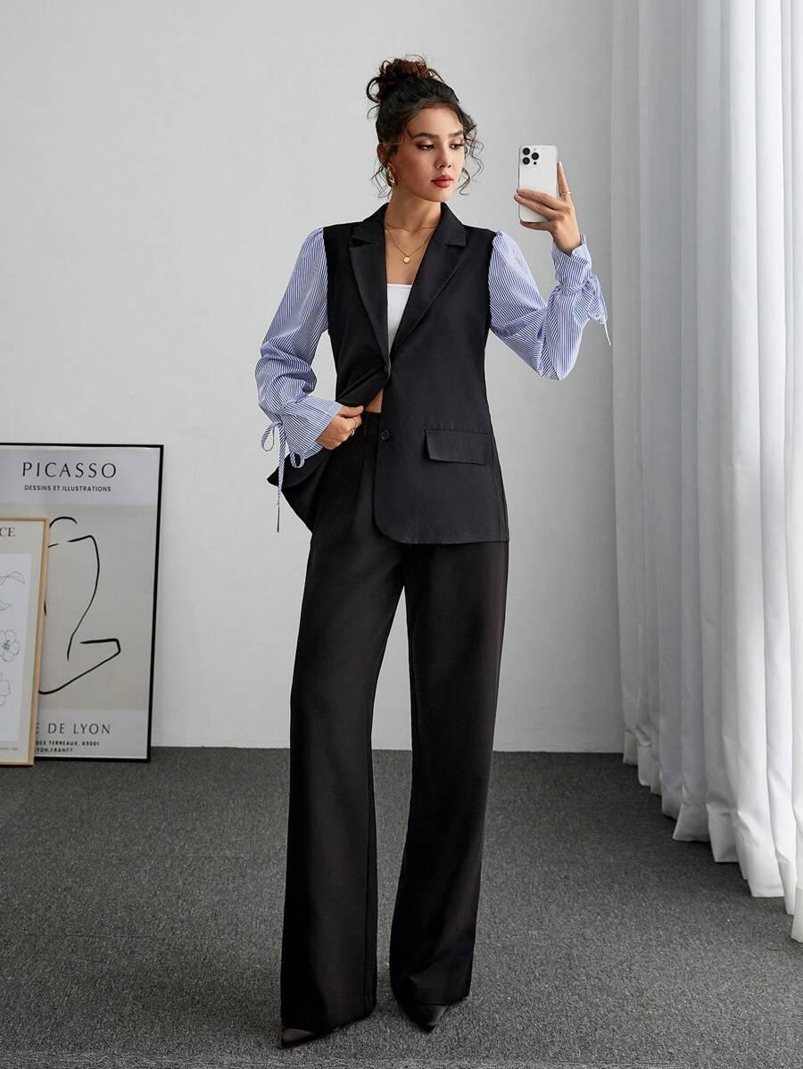 ELEGANCKA KOSZULA DAMSKA V-NECK W PASKI DŁUGI