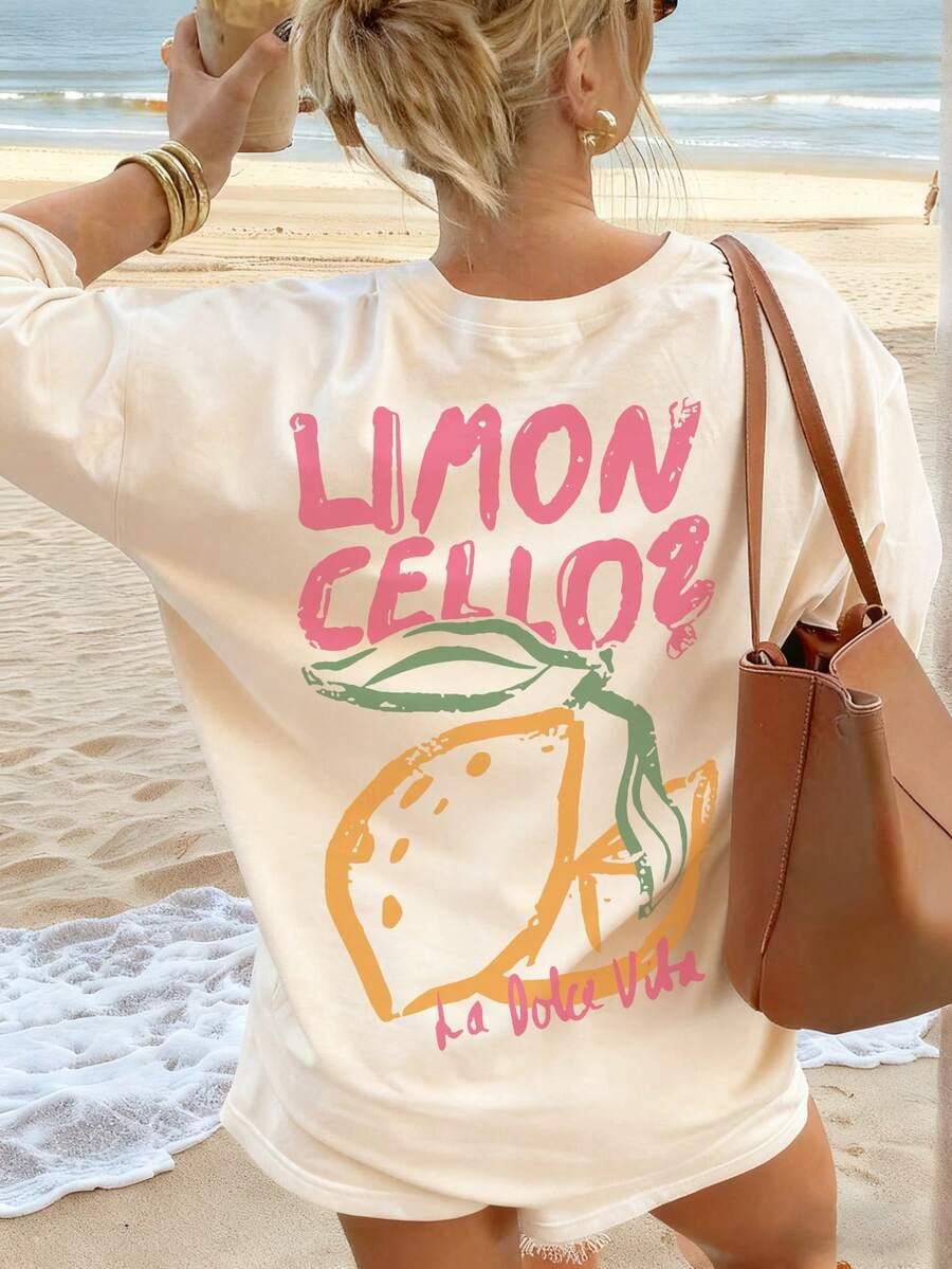 BEŻOWY T-SHIRT NADRUK