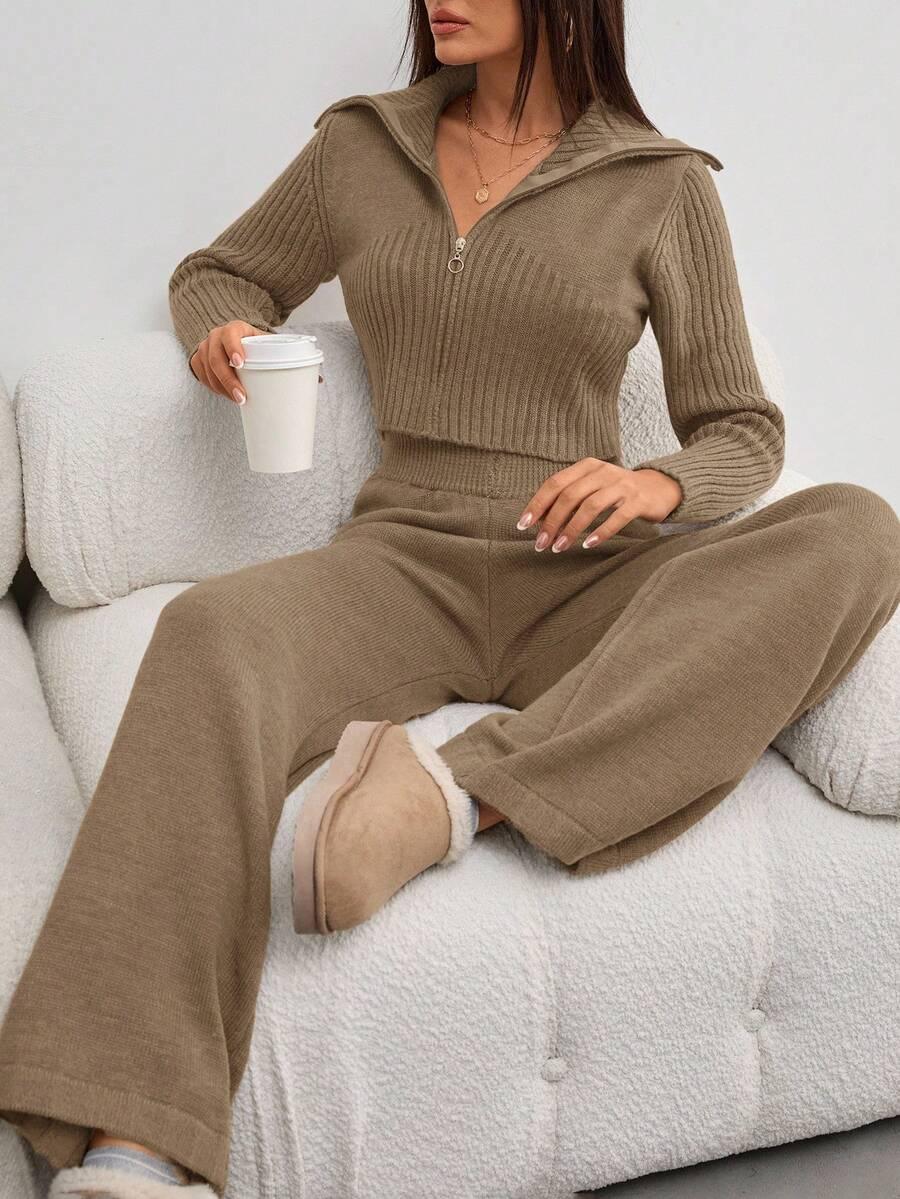 BRĄZOWY KOMPLET SWETER SPODNIE