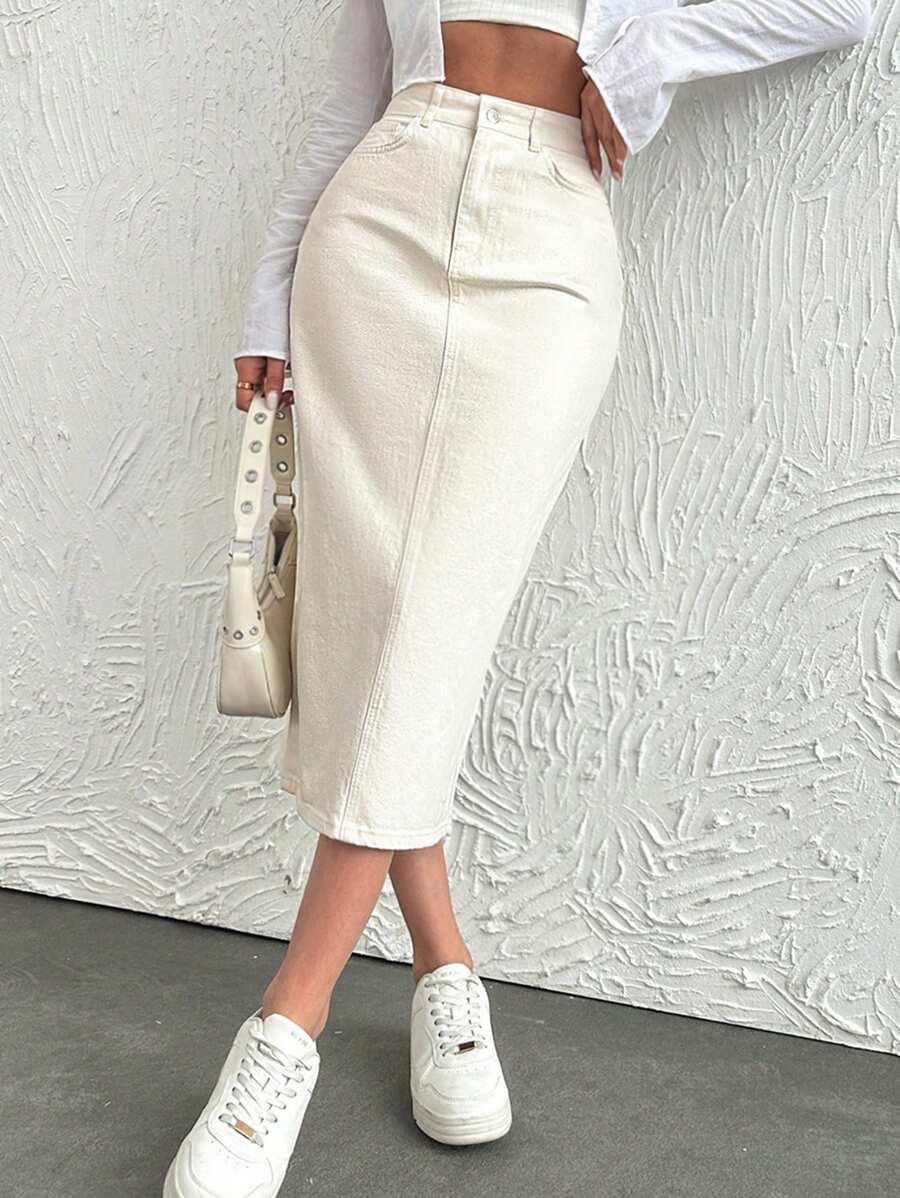 BEŻOWA MIDI SPÓDNICA JEANS