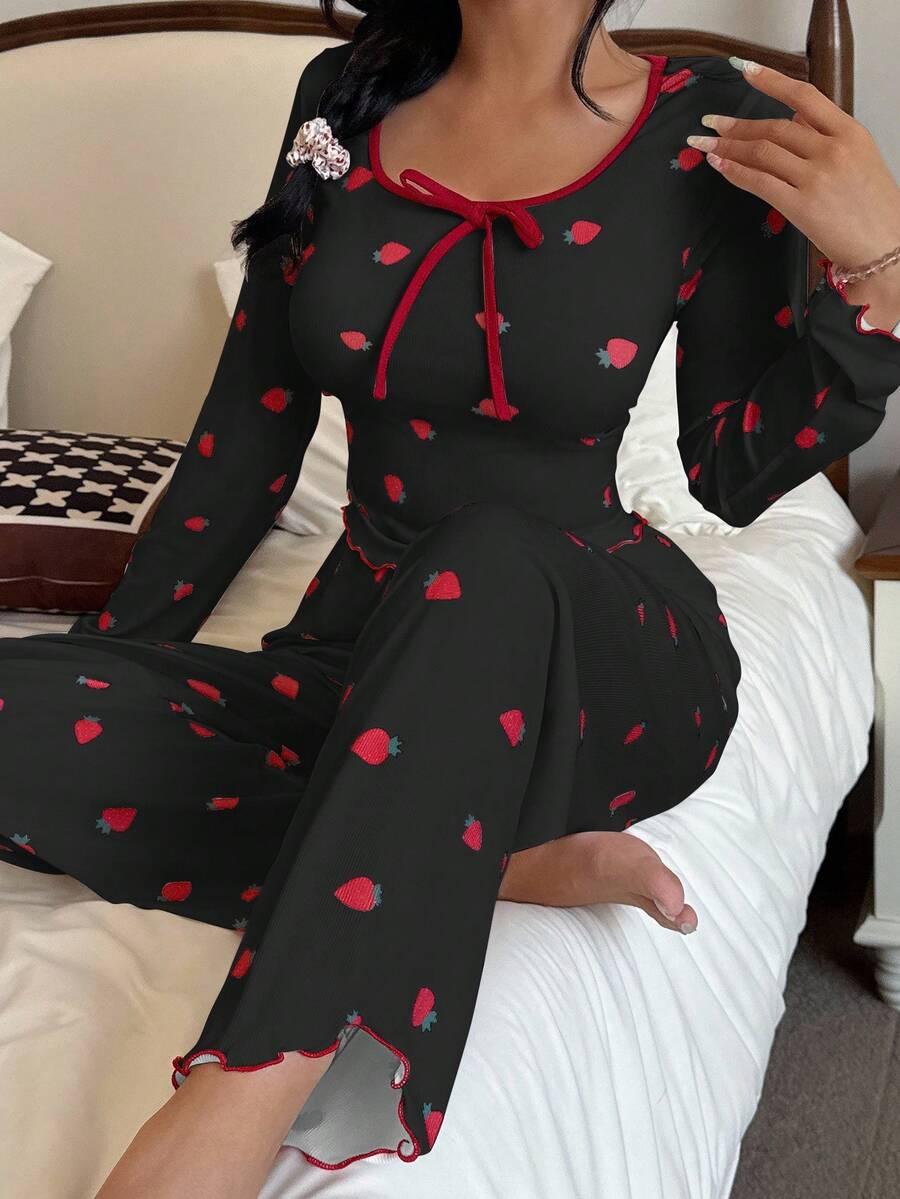 CZARNA PIŻAMA BLUZKA SPODNIE KOMPLET TRUSKAWKA
