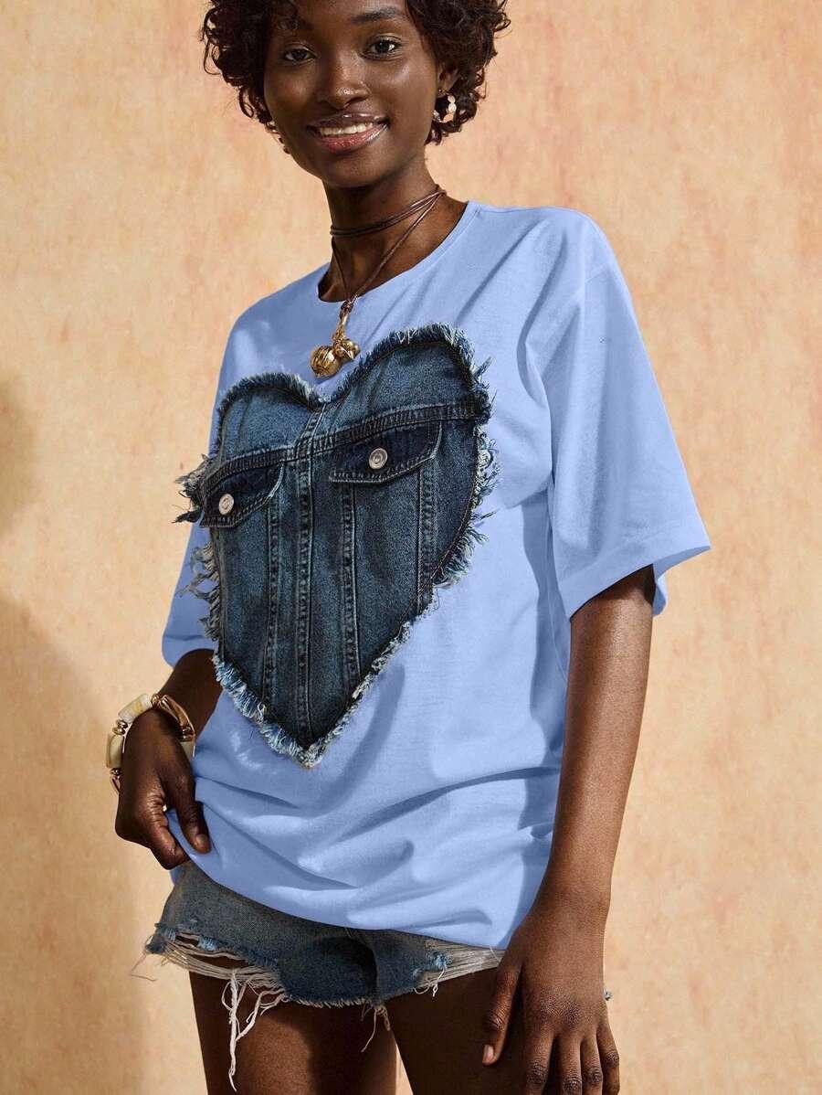 NIEBIESKI T-SHIRT OKRĄGŁY DEKOLT