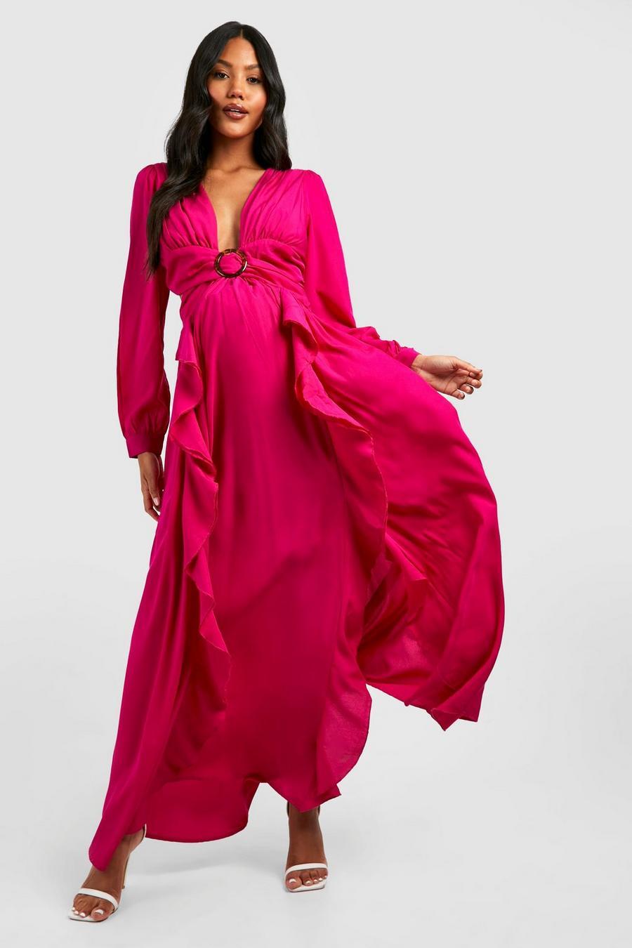 różowa maxi sukienka falbany wycięcia długi rękaw