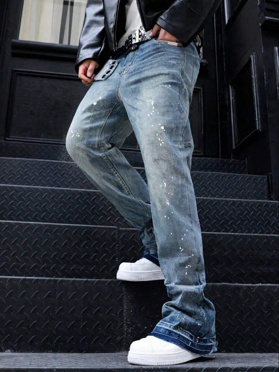 spodnie print jeans kieszenie zamek