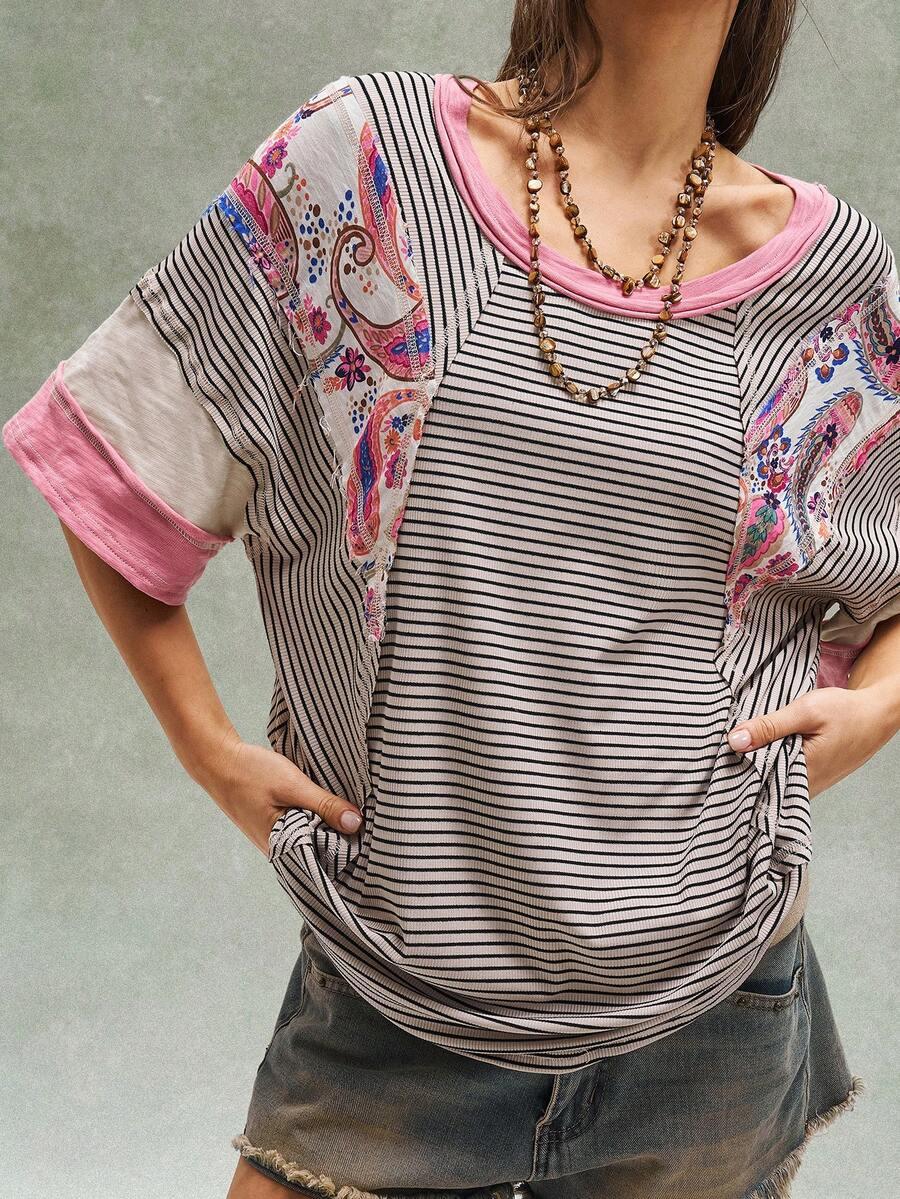 t-shirt okrągły dekolt paski kwiaty 