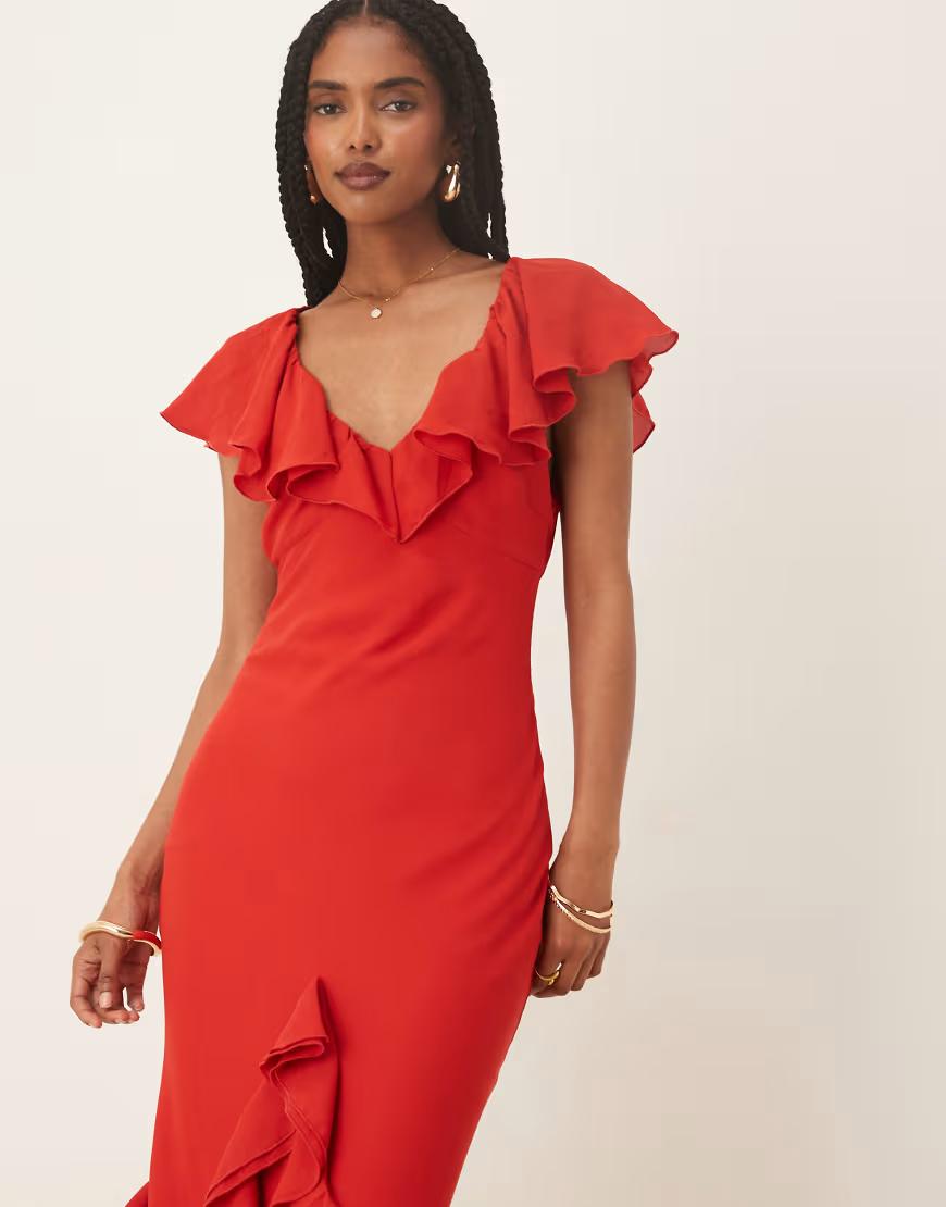 CZERWONA MAXI SUKIENKA V-NECK FALBANY