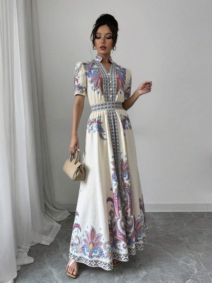 maxi sukienka krótki rękaw v neck wzór