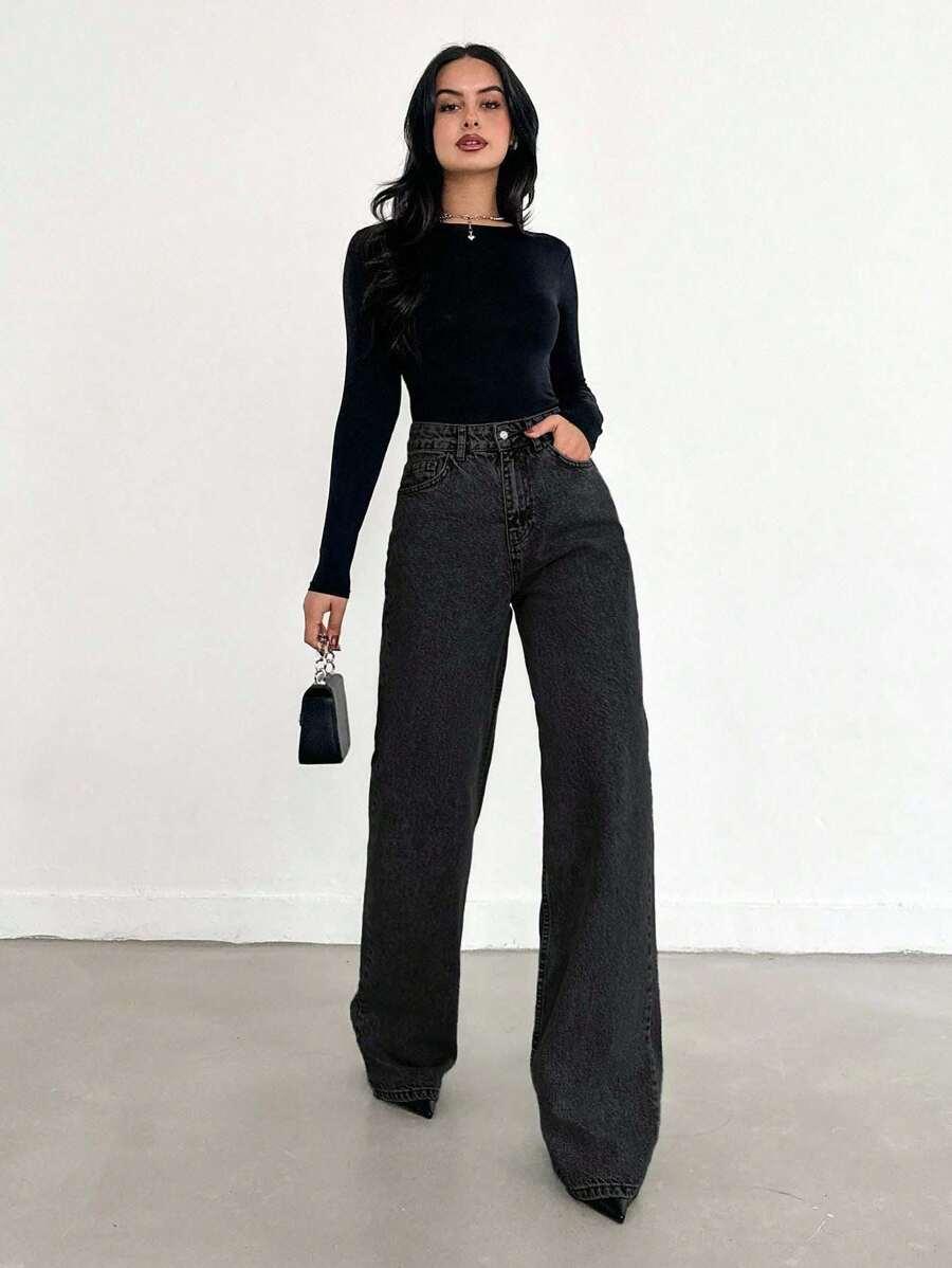 SZARE SPODNIE JEANS WYSOKI SATN