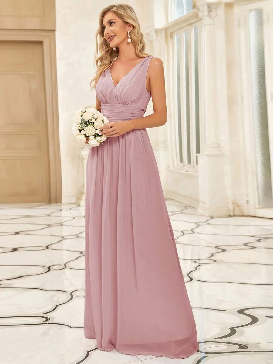 różowa maxi sukienka v-neck