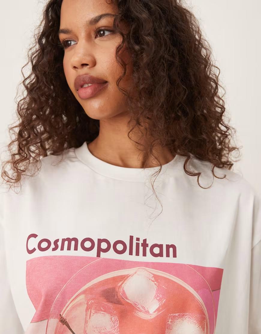 bawełniany biały t-shirt nadruk okrągły dekolt oversize