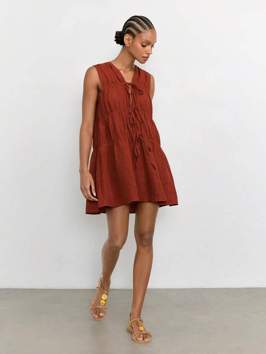 miedziana mini sukienka oversize wiązanie