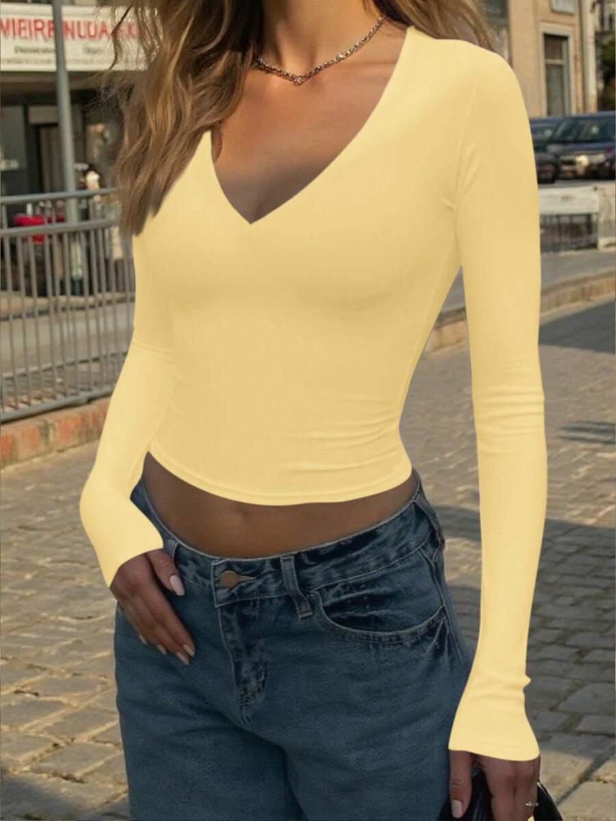 żółty top v neck długi rękaw