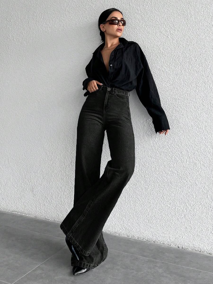 CZARNE SPODNIE JEANS WYSOKI STAN SZEROKIE NOGAWKI