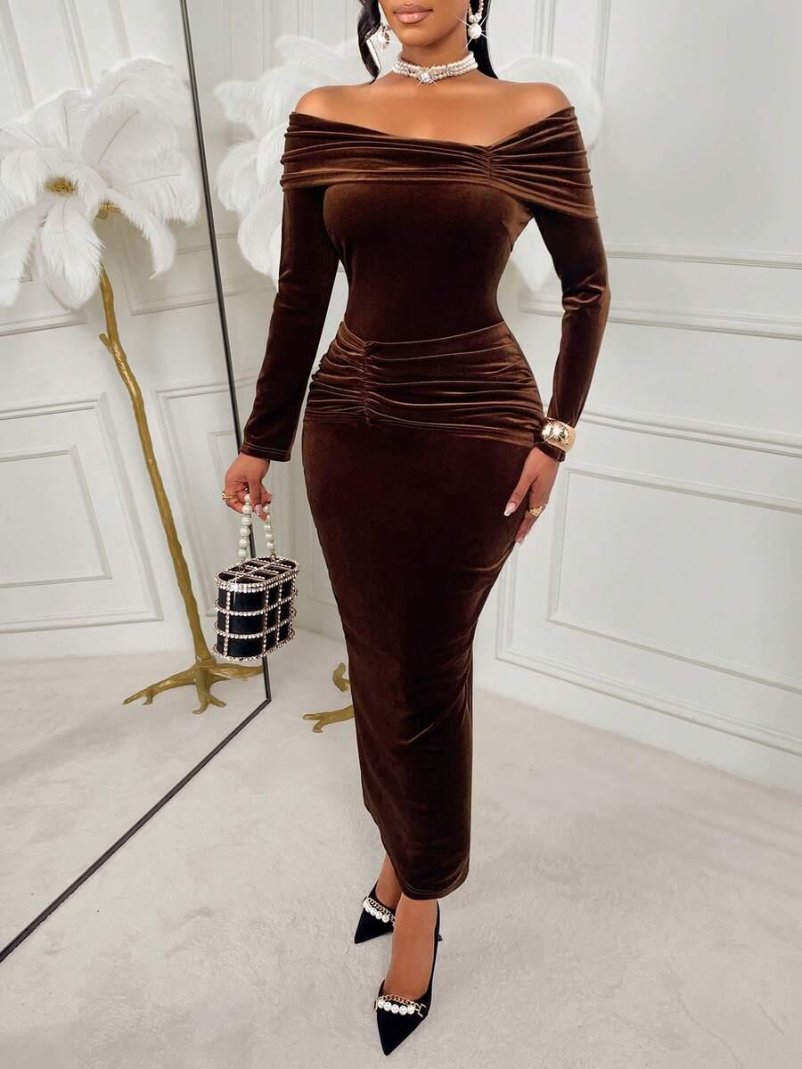 brązowa maxi sukienka marszczenie 
