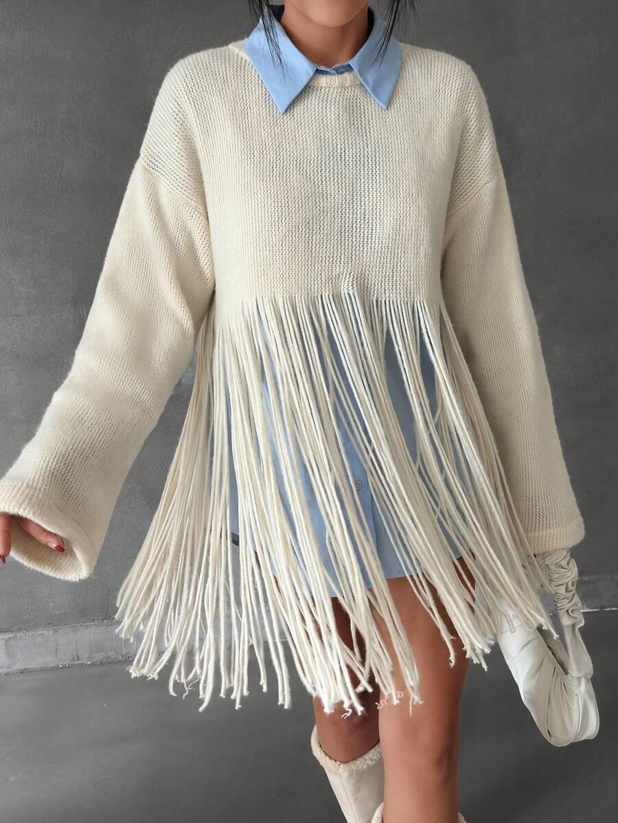 SWETER OKRĄGŁY DEKOLT FRĘDZLE