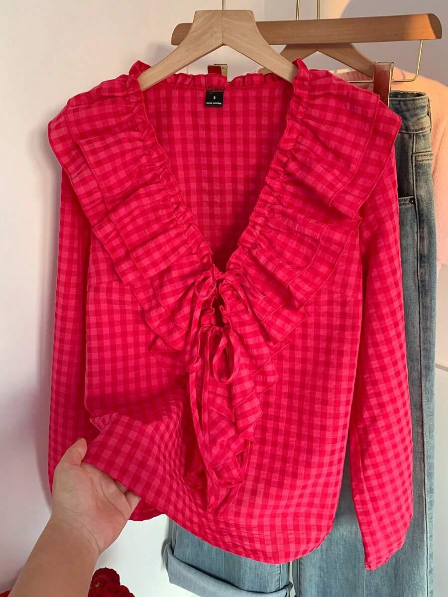bluzka wzór kratka v-neck