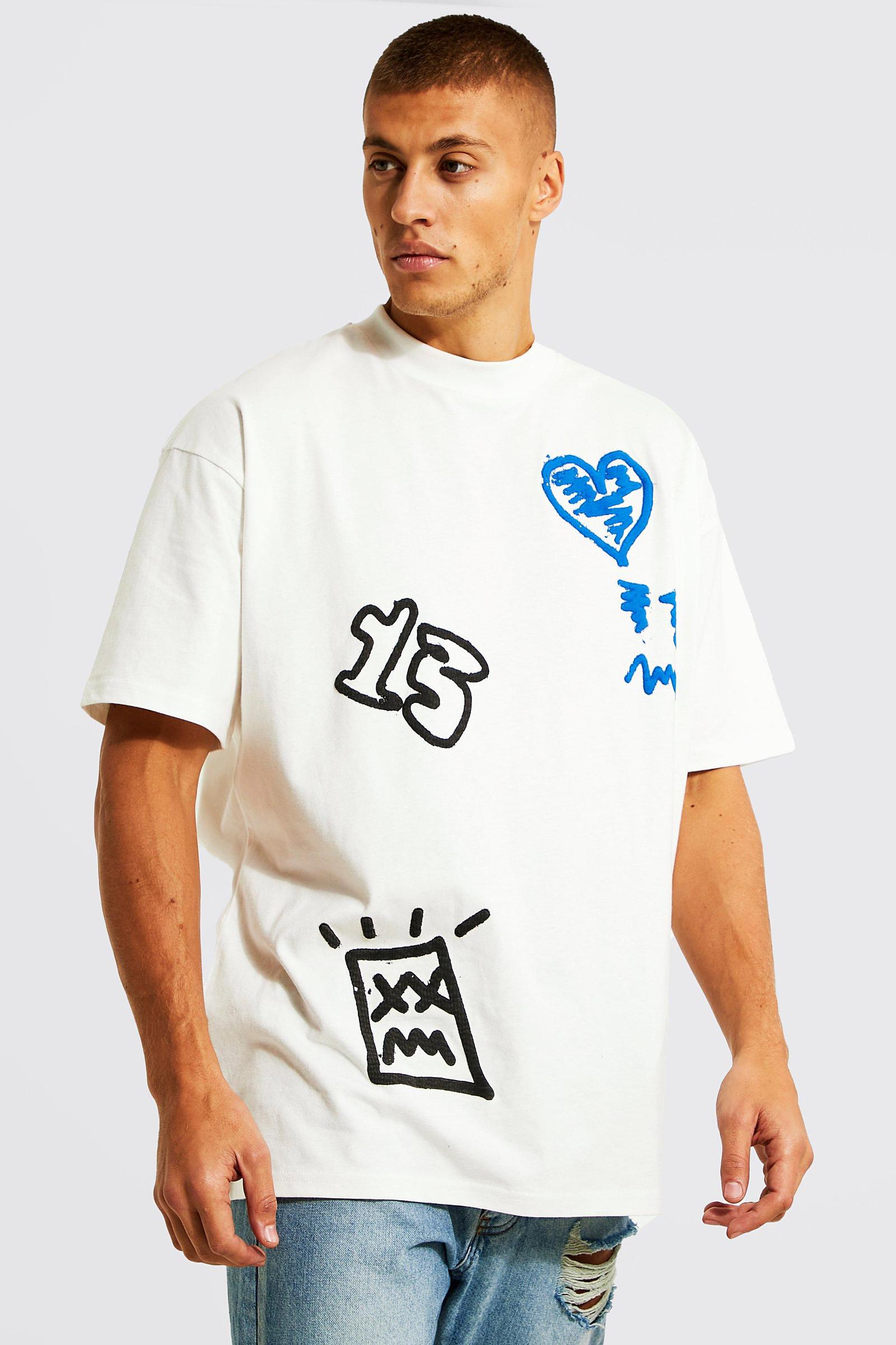 BIAŁY T-SHIRT graffiti PRINT okrągły dekolt