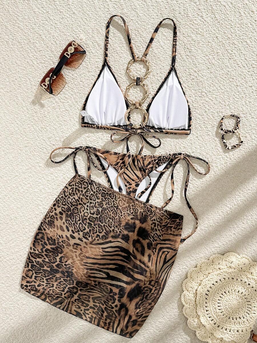 KOMPLET BIKINI W PANTERKĘ Z NARZUTKĄ