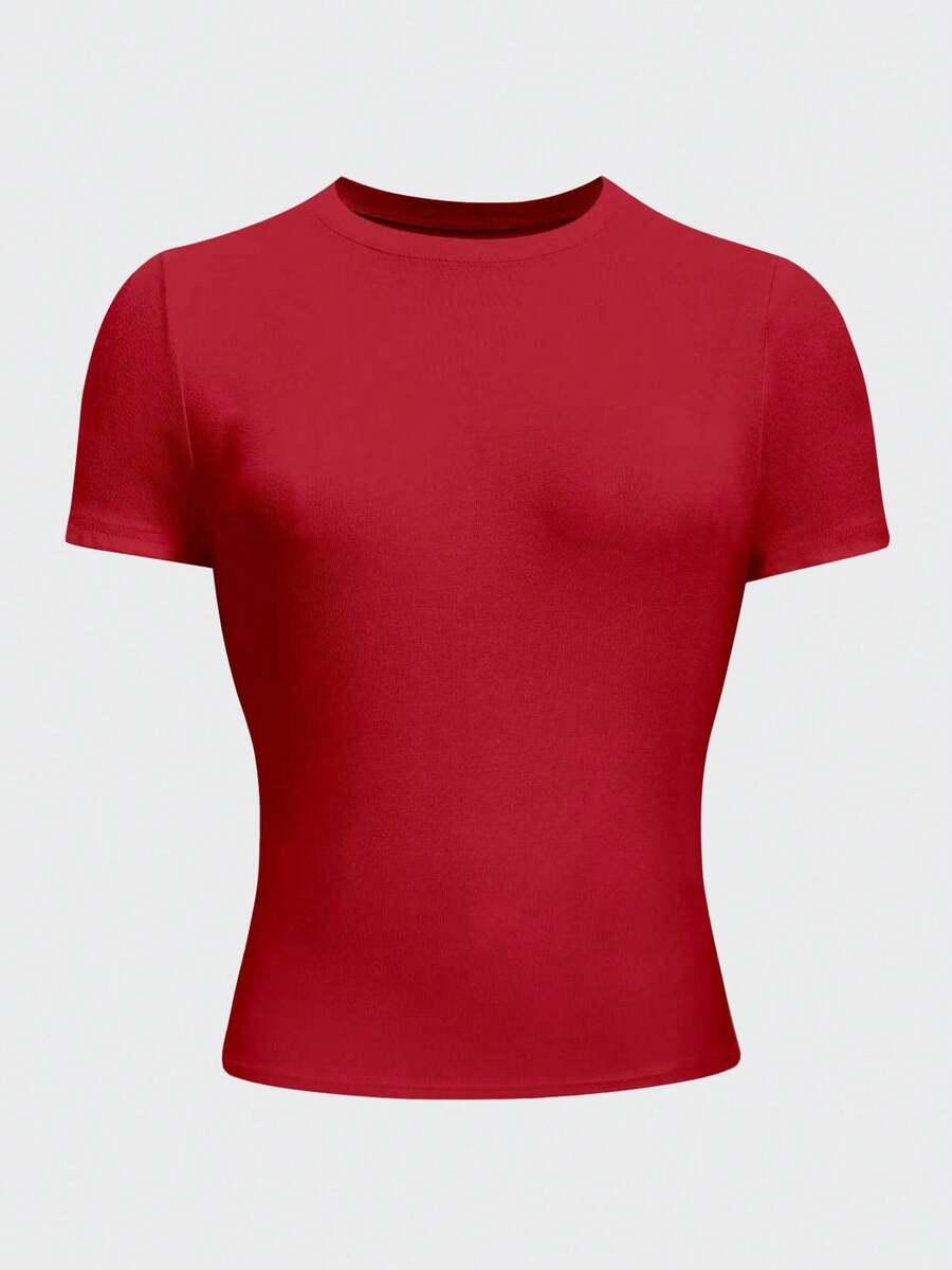 czerwony t-shirt okrągły dekolt 