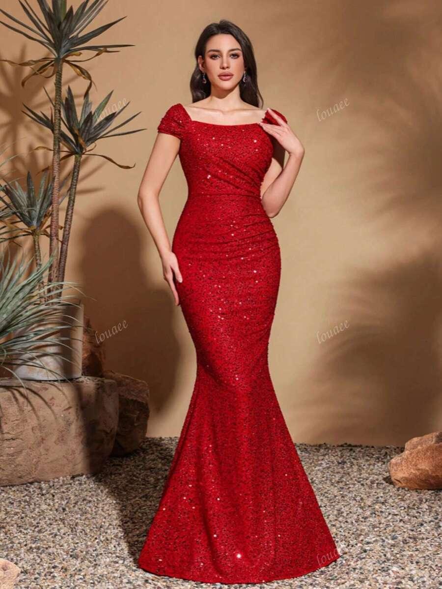 czerwona maxi sukienka cekiny
